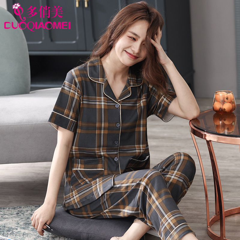 格子休闲宽松夏天全棉家居服套装