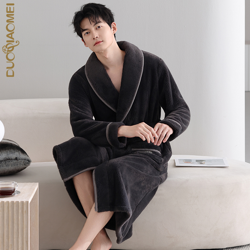 法兰绒睡袍男秋冬季加绒加厚浴袍