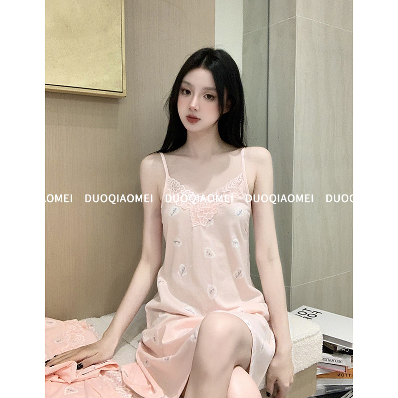 吊带睡裙女夏季纯棉性感时尚夏天睡衣睡袍新款短袖晨袍裙子两件套