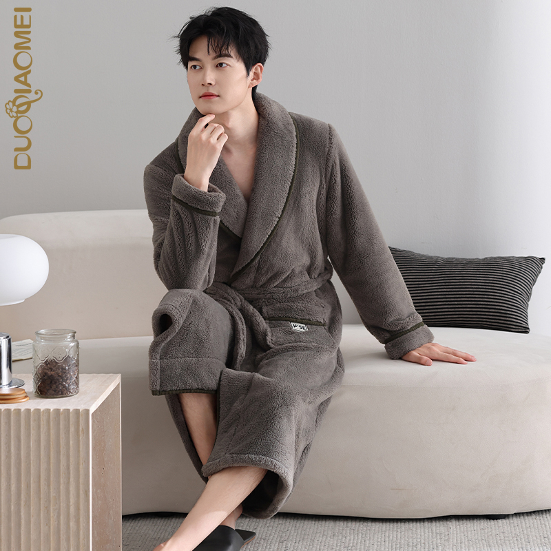 睡衣男睡袍长款秋冬季珊瑚绒加厚