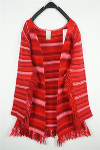 vintage古着红色毛衣外套女粗针复古文艺秋冬流苏长袖保暖羊毛衫