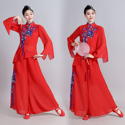 中国风祖国你好同款广场舞古典秧歌服春晚年会开场扇子舞演出服女