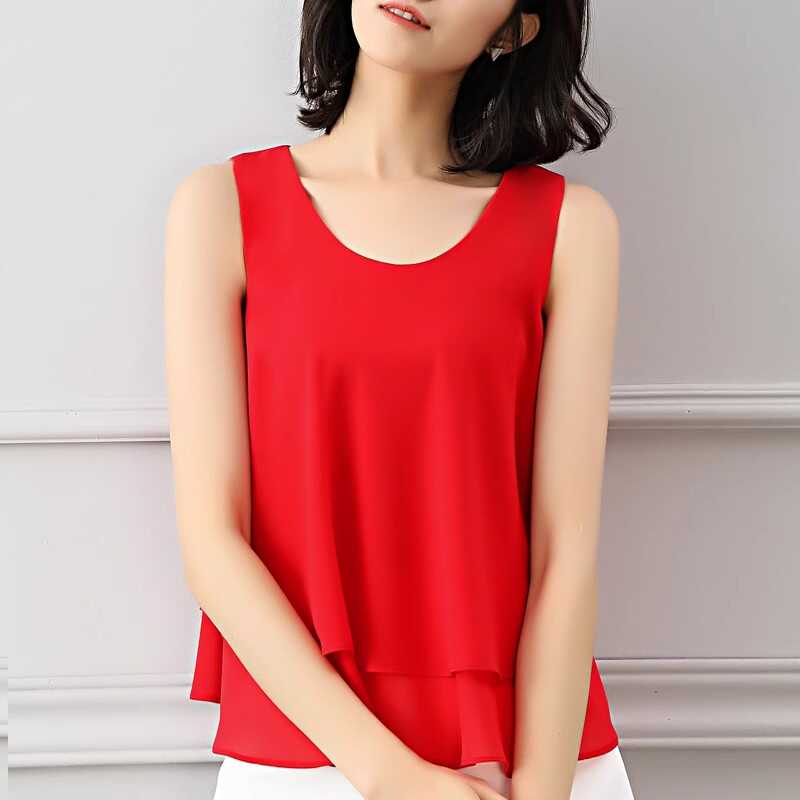 白色背心女双层雪纺打底衫夏季新款内搭宽松遮肚圆领无袖吊带上衣