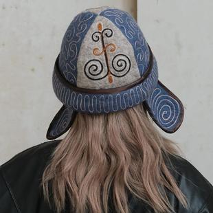 哈萨克斯坦进口游牧双耳帽手工刺绣毛毡重工保暖波西米亚穿搭礼物