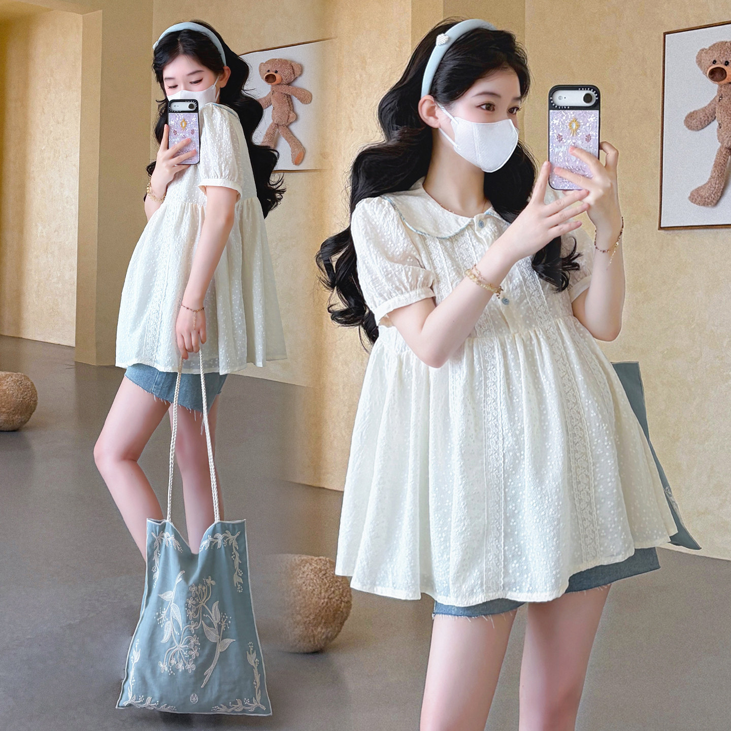 孕妇装夏装娃娃领短袖蕾丝衬衫宽松大码休闲娃娃衫夏季怀孕上衣夏