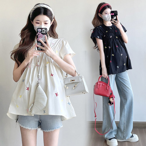 孕妇夏装彩色刺绣蝴蝶结短袖上衣