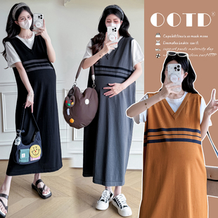 休闲显瘦裙子夏季 孕妇装 连衣裙宽松大码 假两件拼接短袖 孕妇裙 夏装