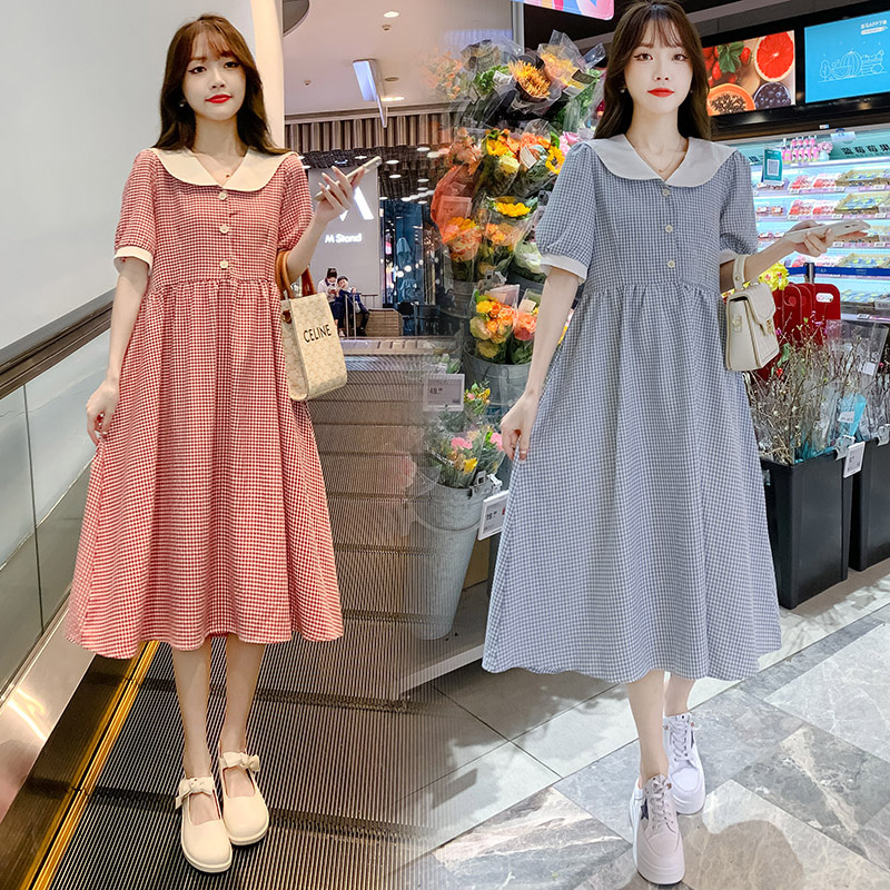 孕妇装夏装时尚娃娃领短袖格子连衣裙2023新款孕妇裙夏季韩版裙子