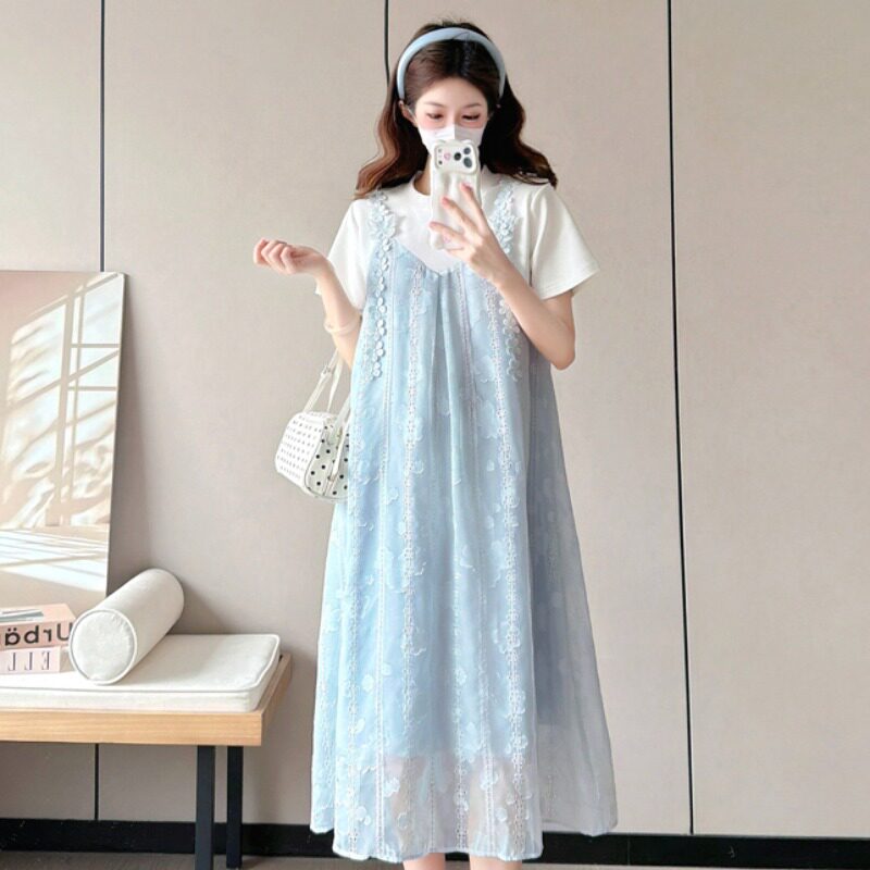 孕妇装夏装拼接雪纺刺绣短袖连衣裙时髦假两件裙子夏季新品孕妇裙