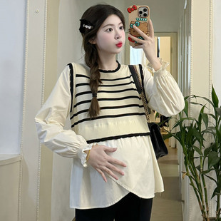 秋装 春秋娃娃衫 假两件拼接条纹长袖 孕妇衬衫 秋 上衣2025新款 孕妇装