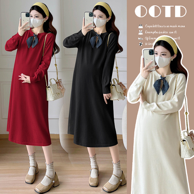 孕妇装秋冬装长袖针织哺乳连衣裙