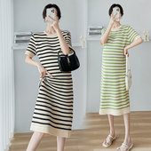 孕妇裙夏季 孕妇装 条纹针织连衣裙2026新款 短袖 休闲显瘦裙子夏 夏装