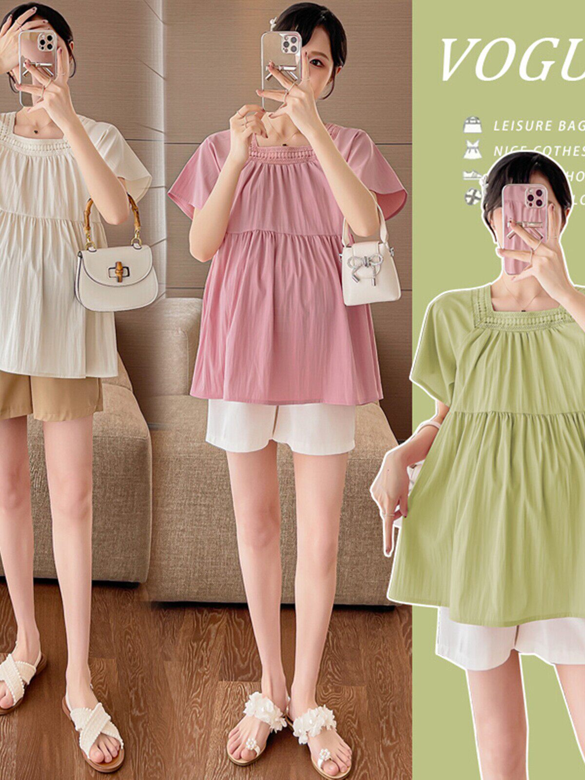 출산복 여름 의류 심플 퓨어 반팔 스퀘어 칼라 탑 2024 새로운 한국어 버전  인형 여름 임신복 여름