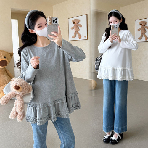 孕妇装春装拼接木耳边长袖娃娃衫