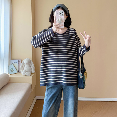孕妇装秋装长袖条纹针织衫毛衣秋