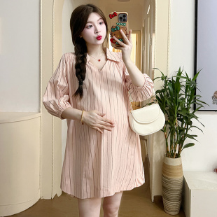 孕妇装春装七分袖条纹连衣裙宽松大码休闲怀孕裙子春季韩版孕妇裙