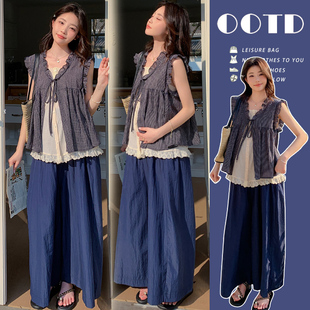 孕妇装夏装假两件格子上衣夏季阔腿裤2026新款孕妇套装夏天两件套