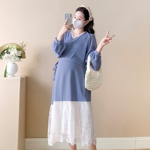 孕妇装秋装拼接蕾丝长袖连衣裙秋