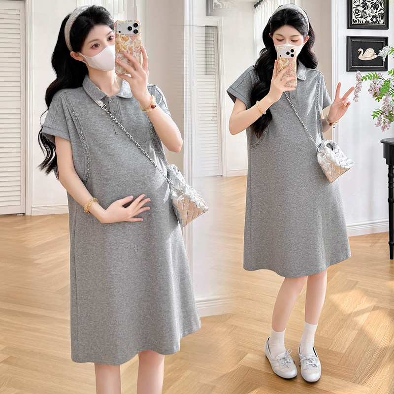 孕妇装夏装简约休闲短袖翻领连衣裙宽松大码显瘦裙子夏季孕妇裙夏