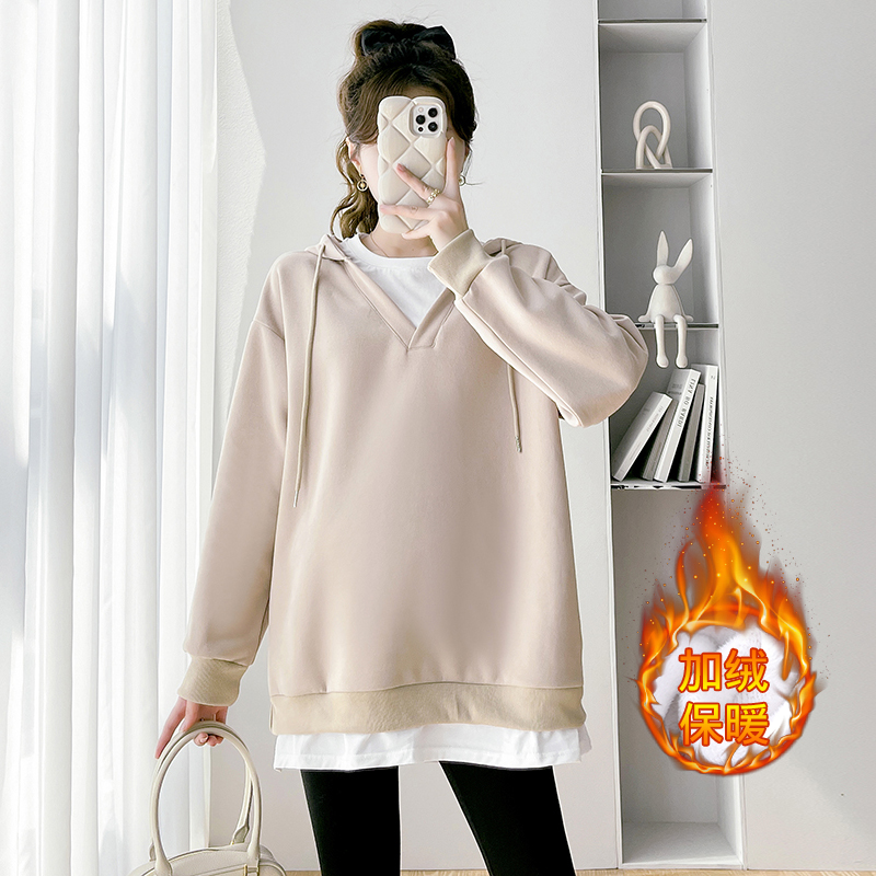 孕妇装冬装加绒保暖长袖连帽上衣