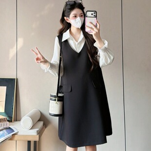 孕妇装春装长袖翻领衬衫春季背心裙两件套连衣裙套装休闲显瘦裙子