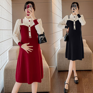 孕妇装秋冬装假两件拼色长袖针织连衣裙2025新款孕妇裙秋冬裙子冬