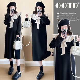 连衣裙宽松显瘦裙子秋季 撞色蝴蝶结娃娃领长袖 孕妇裙秋 秋装 孕妇装