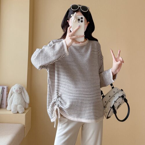 孕妇装秋装长袖条纹针织衫毛衣秋