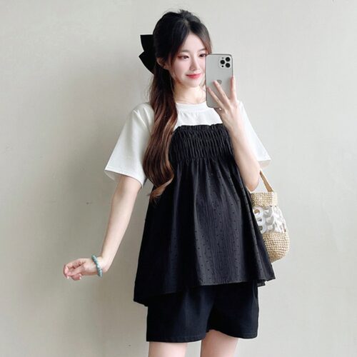 孕妇装夏装假两件撞色短袖上衣夏