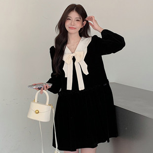 连衣裙宽松大码 蝴蝶结娃娃领长袖 显瘦娃娃裙丝绒裙子秋 秋装 孕妇装