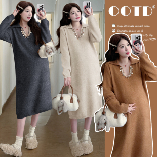 简约休闲裙子冬装 孕妇装 翻领针织连衣裙时尚 长袖 百搭孕妇裙 秋冬装