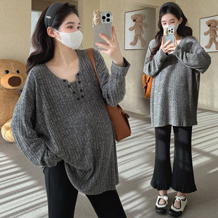 孕妇装春装简约落肩袖坑条上衣宽松大码显瘦卫衣春季打底衫T恤春