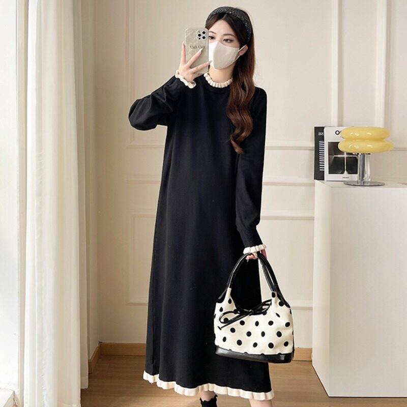 孕妇装秋冬装长袖针织哺乳连衣裙