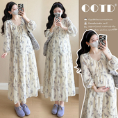 休闲裙子春季 孕妇装 碎花连衣裙宽松大码 重工刺绣长袖 孕妇裙春 春装