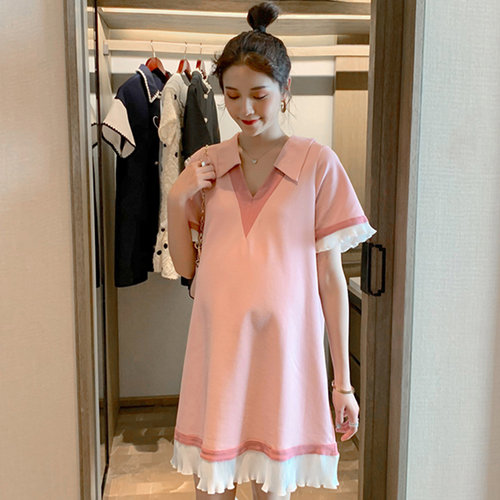 孕妇装夏装拼色短袖翻领连衣裙夏