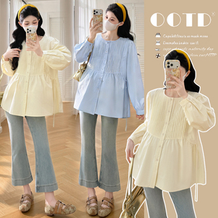 上衣宽松大码 设计感褶皱长袖 休闲娃娃衫 春季 春 孕妇装 简约衬衫 春装