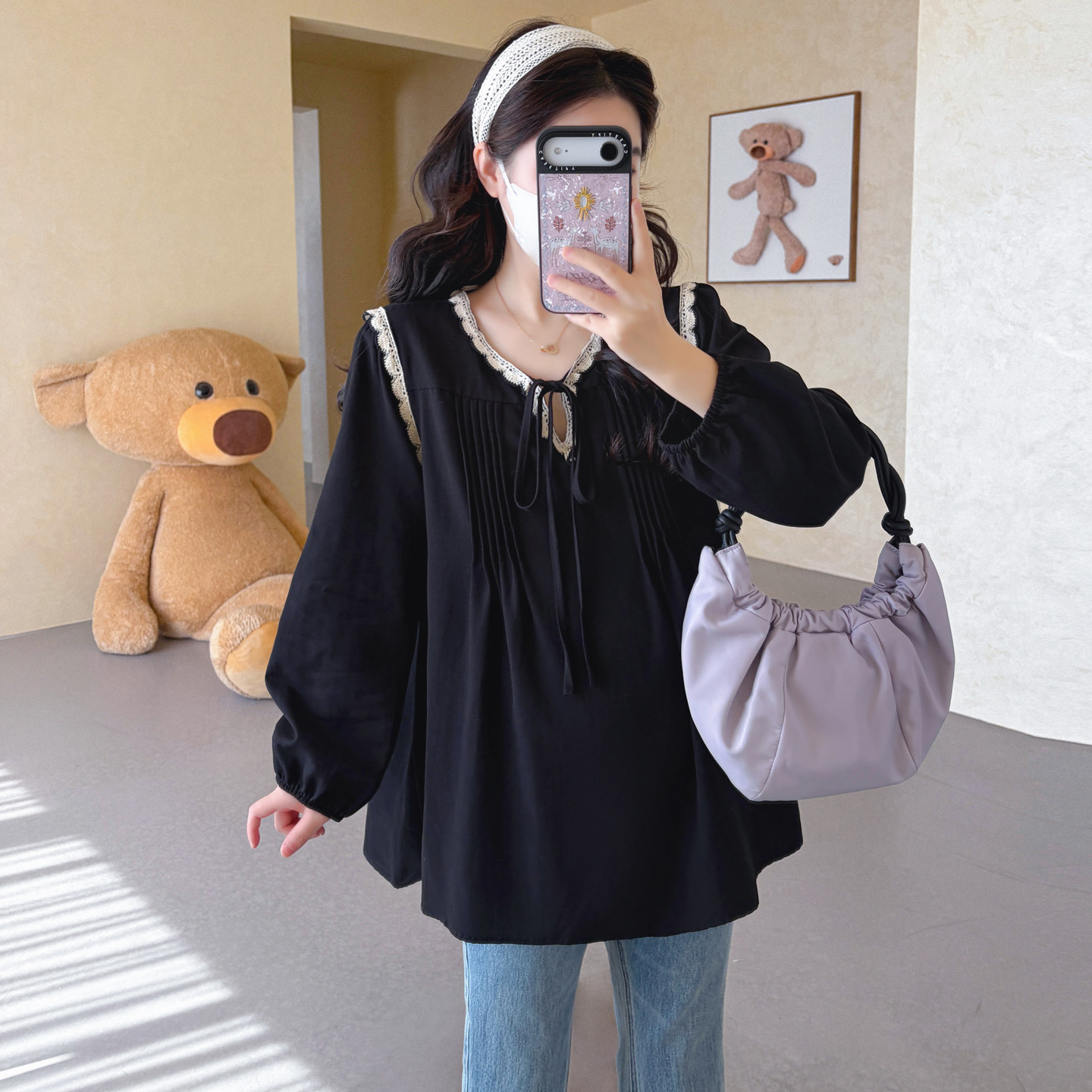 孕妇装秋装拼接蕾丝花边长袖上衣宽松大码显瘦娃娃衫秋季新品衬衫