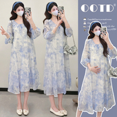春装 休闲裙子春季 时尚 连衣裙宽松大码 孕妇裙A字裙 印染长袖 孕妇装