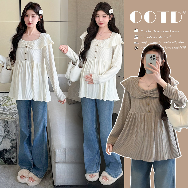 孕妇装秋装褶皱荷叶边长袖针织衫