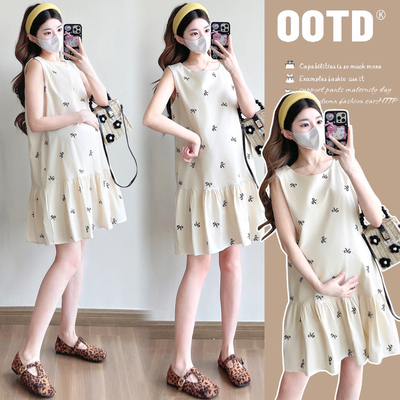 孕妇装夏装蝴蝶结刺绣无袖背心裙