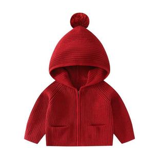 女童2025毛衣新款男宝针织开衫秋冬连帽安可拉红洋气外套宝宝上衣