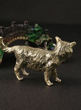 仿古玩做旧大猫狐狸猫黄铜摆件手把件动物茶宠古董店装饰铜