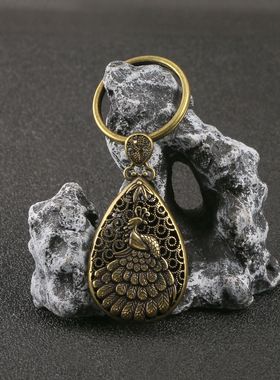 仿古做旧黄铜孔雀吊坠莲花坠子聚财平安diy钥匙扣挂件包包小挂坠