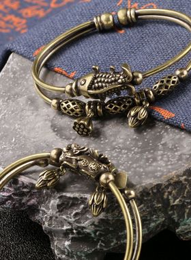 仿古董古玩金鱼貔貅黄铜手镯双环镯子手把件搭汉服拍照道具