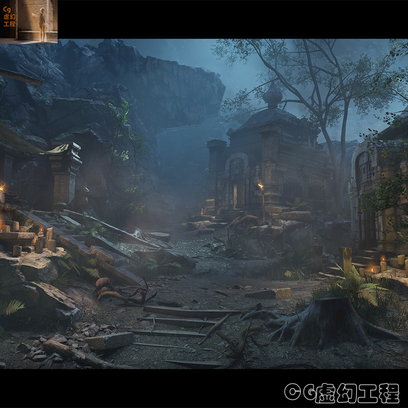 ue4场景中国风山林洞窟废墟寺庙虚幻4溪流Ancient Temple Ruins2