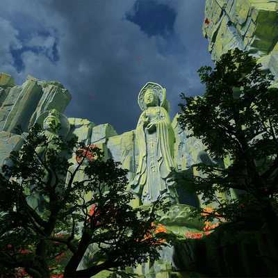 ue4中国风灌木绿篱园林山崖峡谷洞穴佛像景观虚幻4古风雕塑素材集