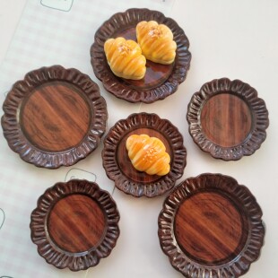 饰圆盘手工diy树脂配件 微缩复古原木色花边食玩盘子娃娃屋捏捏装