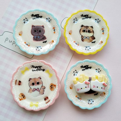 微缩仿真花边猫咪食玩盘子娃屋捏捏装饰盘手工diy奶油胶树脂配件