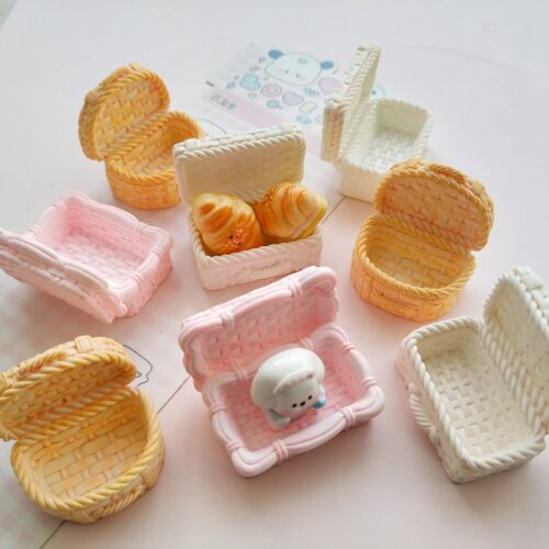 微缩仿真粉色编织筐食玩盘子娃娃屋捏捏装饰摆件手工diy树脂配件