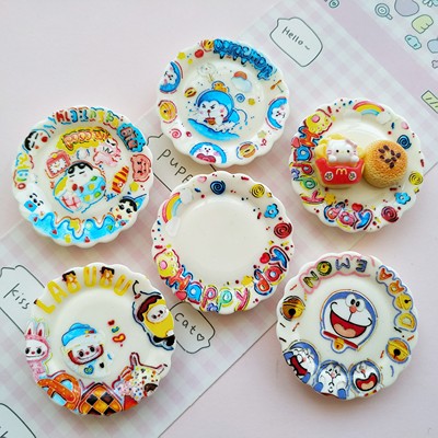 微缩卡通印花仿真食玩盘子娃屋捏捏装饰圆盘diy奶油胶冰箱贴配件